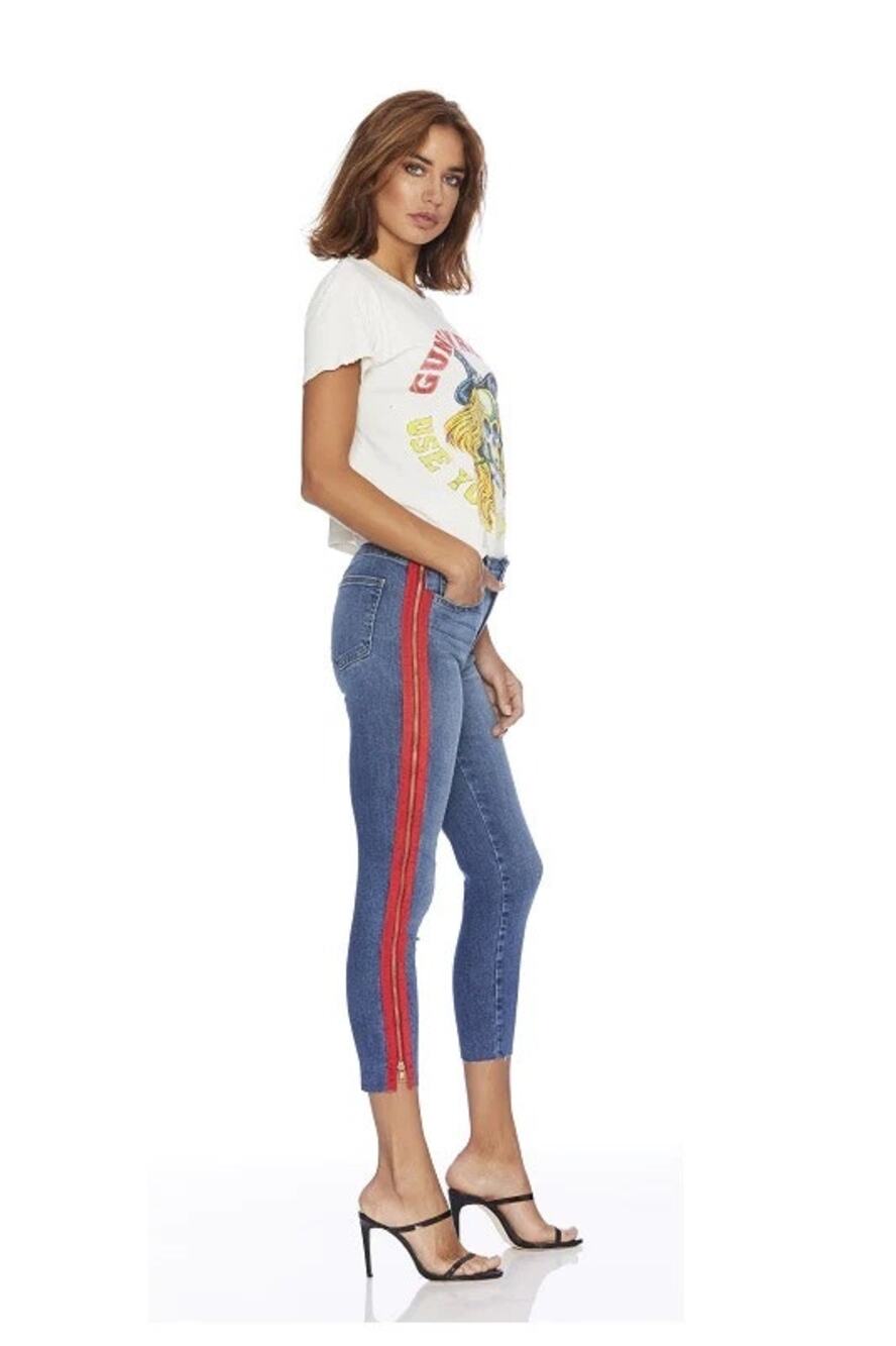 NWOT Etienne Marcel Skinny Leg High Rise Raw Hem Red Stripe Medium Wash Jeans